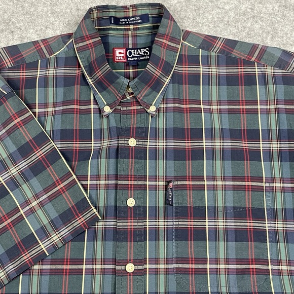 VTG Chaps Ralph Lauren‎ Shirt Mens Large Madras Plaid Short Sleeve Button Down - Picture 1 of 7
